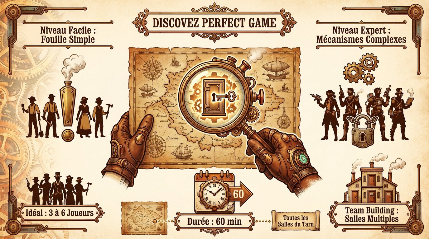 Infographie d'un escape game aux décors steampunk dans le Tarn